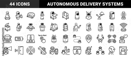 Autonomous service robots and artificial intelligence automation pictograms in technical monoline style for smart hospitality and logistics.