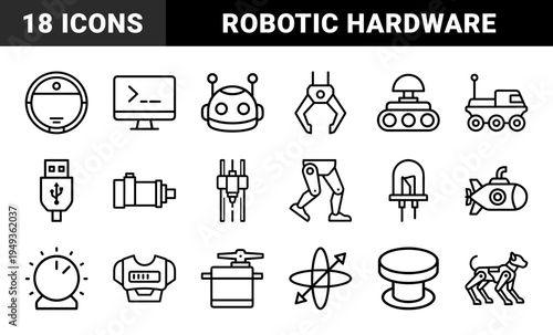 Robotics and automation engineering hardware components. Technical monoline linear pictograms featuring robotic limbs, sensors, and autonomous vehicles.