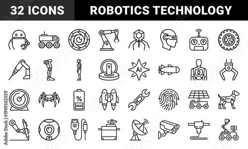 Robotics and artificial intelligence automation elements for technical diagrams. Bold monoline pictograms featuring cybernetic systems and futuristic machinery.