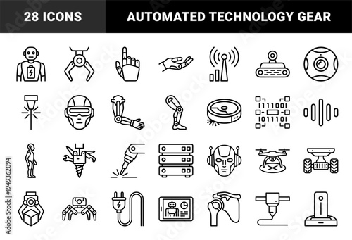 Robotic automation and future technology interface elements. Technical monoline pictograms featuring cybernetic limbs, drones, and industrial AI systems.