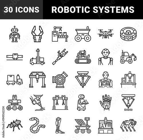 Robotic automation and industrial engineering systems for smart manufacturing. Technical monoline pictograms featuring autonomous machines and bionic tech.