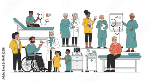 Inclusive Healthcare: Diverse Doctors, Nurses, and Patients in a Modern Medical Setting Illustration