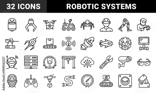 Robotics and automation engineering symbols for industrial technology interfaces. Technical monoline pictograms featuring artificial intelligence and mechanical hardware.