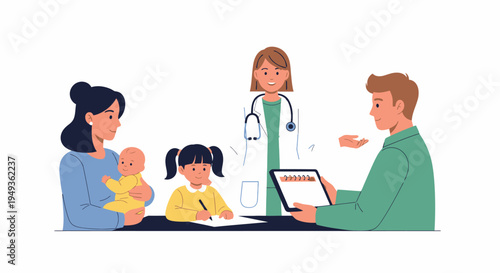 Family Doctor Visit: Pediatrician Consulting Parents and Children, Scheduling Appointments on Tablet