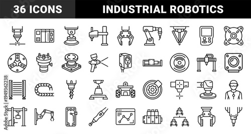 Industrial robotics and automated manufacturing systems featuring technical monoline schematics for smart factory engineering and production workflows.