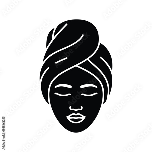 Spa facial treatment solid glyph icon showing woman face with towel wrap, symbolizing beauty salon care, skincare therapy and wellness relaxation session.