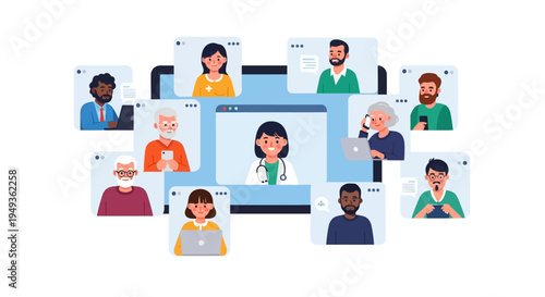Diverse Patients Consulting Doctor Online via Telemedicine Video Call on Digital Devices, Remote Healthcare Illustration