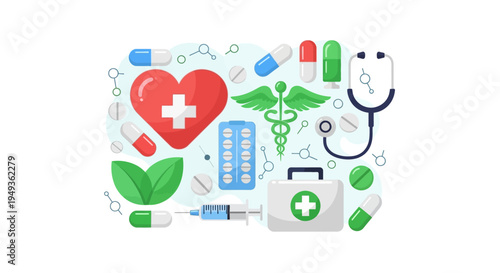 Healthcare & Medicine Illustration: Essential Medical Supplies, Pills, Stethoscope, First Aid Kit, Heart, Caduceus for Wellness & Treatment