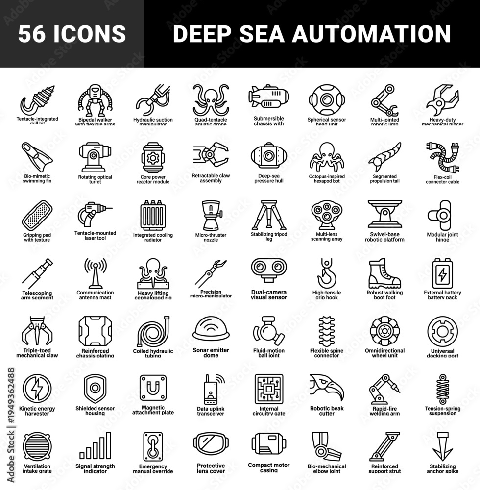 Fototapeta premium Biomechanical engineering and deep-sea robotic components. Technical monoline pictograms for underwater exploration and industrial automation.