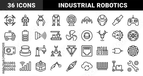 Robotic engineering and industrial automation systems features. Technical monoline pictograms for manufacturing, artificial intelligence and bionics.