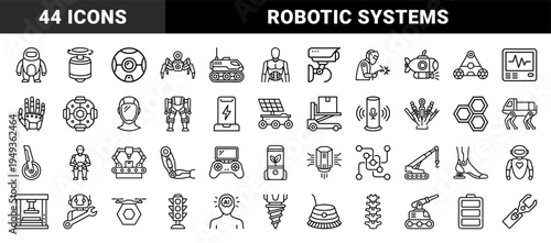 Robotics and industrial automation systems for manufacturing technology. Technical monoline pictograms featuring bionic limbs, drones, and AI hardware.