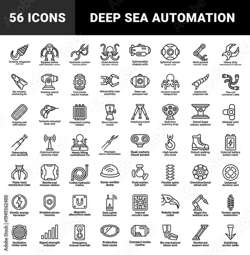 Biomechanical engineering and deep-sea robotic components. Technical monoline pictograms for underwater exploration and industrial automation.