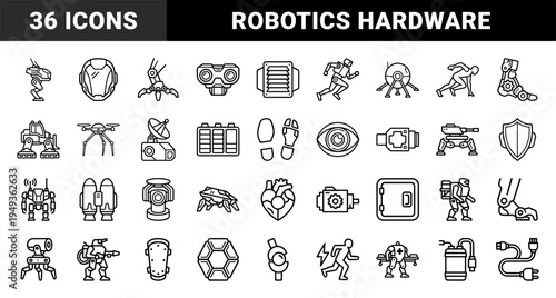 Robotic engineering and bionic technology components. Technical monoline pictograms for automation, cybernetics, and industrial artificial intelligence applications.