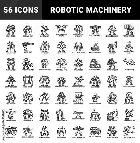 Futuristic robotics and industrial automation blueprints. Technical monoline illustrations featuring autonomous droids, heavy machinery, and sci-fi mechs.