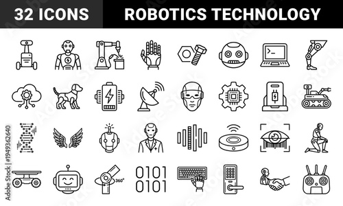 Artificial intelligence and robotics engineering monoline pictograms for technical documentation. Schematic line art featuring automation and cybernetic concepts.