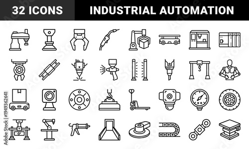 Industrial automation and robotic manufacturing systems. Technical monoline pictograms for smart factory workflows and mechanical engineering.