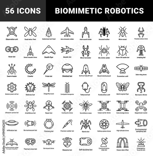 Biomimetic robotics and autonomous drone fleet technical monoline pictograms for aerospace engineering and futuristic industrial automation interfaces.