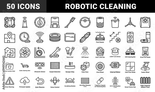 Smart home robotics and autonomous cleaning appliances. Technical monoline pictograms for vacuum maintenance, robotic pet care, and automated household utility.