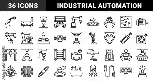 Industrial automation and robotic manufacturing systems elements. Technical monoline icons featuring smart factory machinery and cobot engineering concepts.