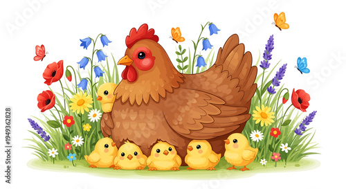 Loving Mother Hen and Chicks Resting in a Vibrant Spring Meadow with Poppies and Butterflies, Isolated White Background