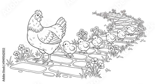 Mother Hen Leading Chicks on a Winding Garden Path, Isolated White Background, Black and White Outline Drawing