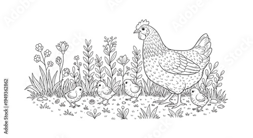 Mother Hen and Chicks in a Grassy Meadow with Flowers, Isolated White Background, Black and White Outline Drawing