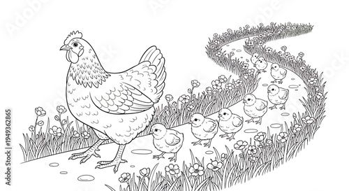 Mother Hen Walking with Chicks on a Grassy Path, Isolated White Background, Black and White Outline Drawing