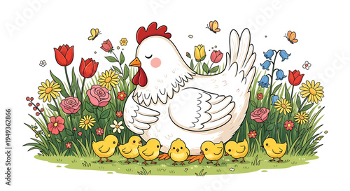 Happy mother hen with five adorable chicks surrounded by vibrant spring flowers and green grass on an isolated white background, symbolizing new life.
