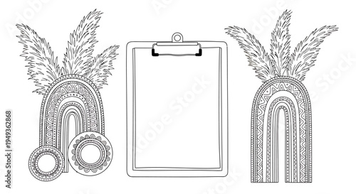 Outline of a clipboard with pampas grass and boho rainbows in a decorative arrangement, black and white for a coloring page, isolated white background.