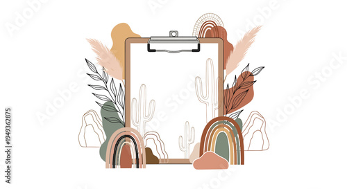Stylish clipboard with pampas grass, cactus, and boho rainbows in a warm, artistic arrangement on an isolated white background.