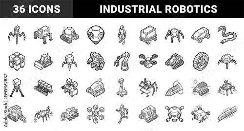 Autonomous robotics and industrial automation systems for smart manufacturing. Isometric technical line art featuring humanoid droids and heavy machinery.