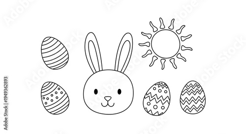 Cute Easter bunny face with the sun and decorative Easter eggs, black and white outline for a coloring page, isolated white background.