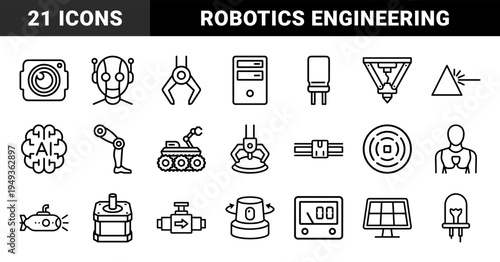 Robotics and industrial automation engineering elements for manufacturing workflows. Technical monoline symbols featuring mechatronics and AI hardware concepts.