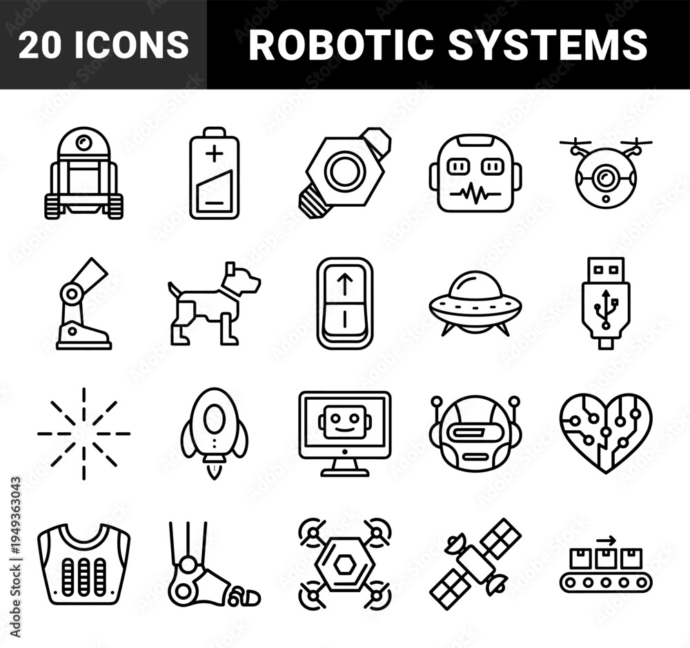 Fototapeta premium Robotics and artificial intelligence automation elements for future technology. Bold monoline pictograms featuring cybernetic systems and machine learning concepts.