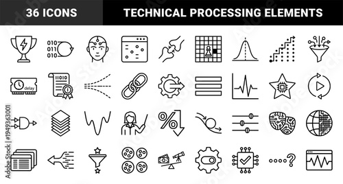 Data analytics and machine learning conceptual elements for technical documentation. Monolinear black and white graphics for algorithmic processing.