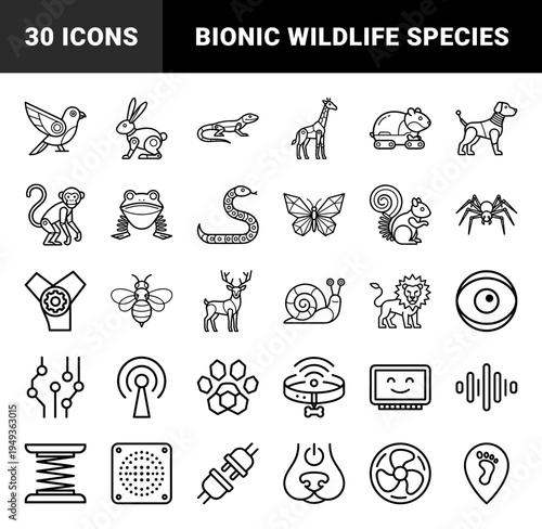 Robotic animal species and futuristic pet technology elements. Technical monoline illustrations featuring bionic wildlife and smart domestic animal hardware.