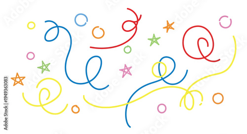 Colorful confetti and abstract shapes float on a white background