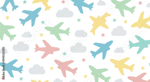 Colorful airplanes stars and clouds create a playful pattern
