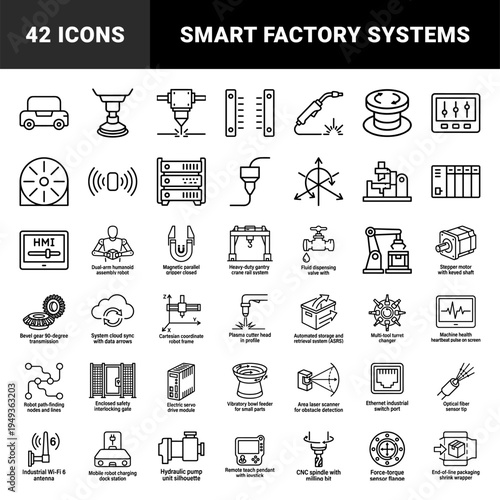 Industrial automation and robotic manufacturing technical line elements for smart factory systems. Monoline pictograms of mechatronics and engineering.