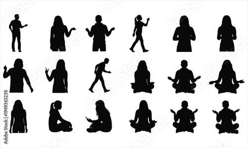 Collection of various yoga poses and meditation silhouettes on white background for mindfulness and wellness concepts