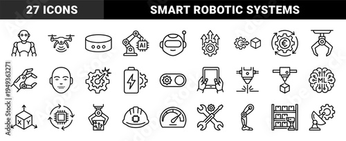 Industrial automation and robotic engineering symbols for smart manufacturing systems. Monoline technical illustrations of AI integration and workflow optimization.