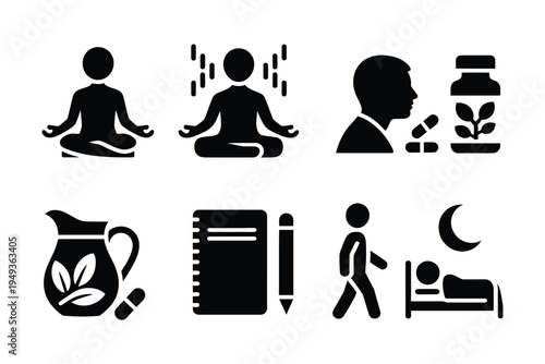 Spa wellness solid icon set illustrating yoga pose, meditation practice, breathing exercise, herbal supplements, detox water and nature wellness lifestyle symbols.