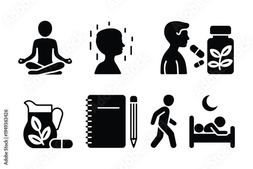 Spa wellness solid icon set illustrating yoga pose, meditation practice, breathing exercise, herbal supplements, detox water and nature wellness lifestyle symbols.