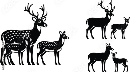 Set of deer family silhouettes including stag doe and fawn isolated on white background wildlife vector illustration for nature design logo stencil and decoration