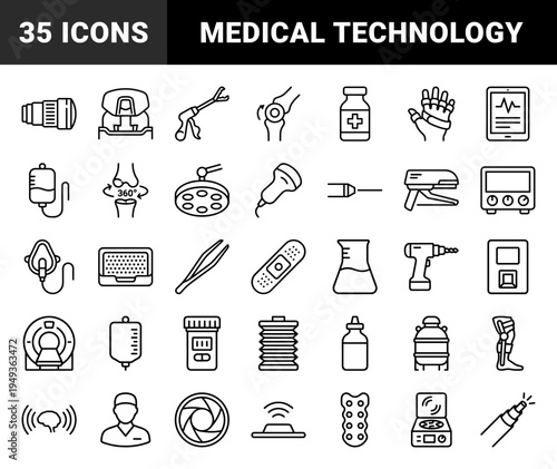 Advanced medical technology and surgical equipment elements for healthcare interfaces. Professional monoline pictograms featuring orthopedic, diagnostic, and clinical treatment concepts.