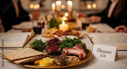 Passover seder 2026, traditional meal with candles and religious books