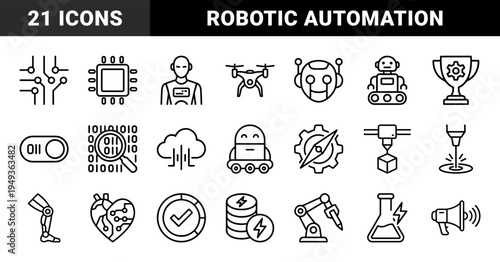 Artificial intelligence and robotics automation elements for industrial engineering. Technical monoline icons featuring machine learning and cybernetic systems.