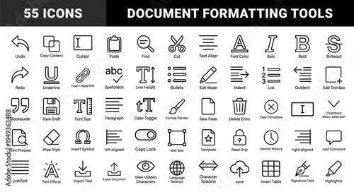 Text editing and document management interface elements featuring monoline typography tools and word processing software navigation symbols.