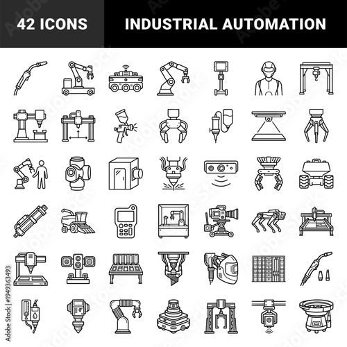 Industrial automation and robotic manufacturing systems for smart factory workflows. Technical monoline illustrations featuring heavy machinery and cobot technology.