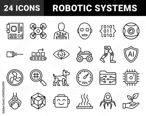 Advanced robotics and artificial intelligence development elements. Technical monoline pictograms for automated manufacturing and future technology concepts.